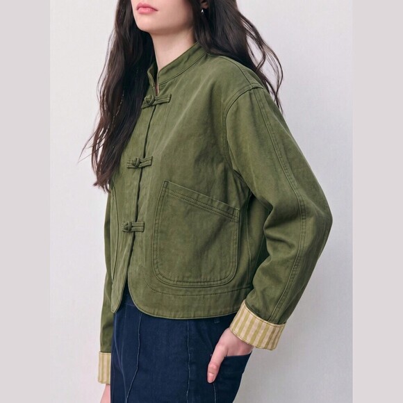 Jackets & Blazers - Olive Green Round Denim Jacket with Frog Button Closures
